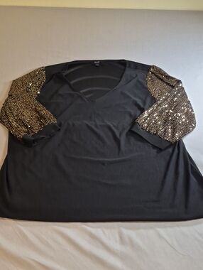 NAIF Black V-Neck Top with Gold Sequin Puff Sleeves